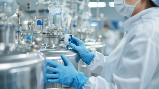 tank inspector in gloves and face mask